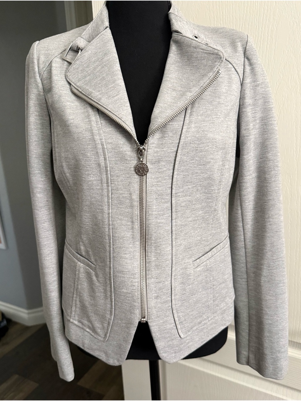 Anne Klein Light Gray Zip-Front Moto Blazer